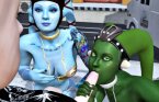 Blaue avatar und grune kreatur lutschen